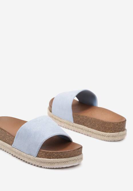 Jasnoniebieskie Klapki na Płaskiej Podeszwie Imitującej Korek z Wkładką z Imitacji Skóry Vericella