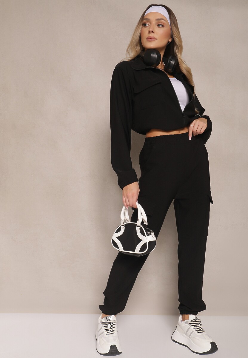 Czarny Komplet Dresowy Spodnie Cargo i Rozpinana Bluza Isovisa