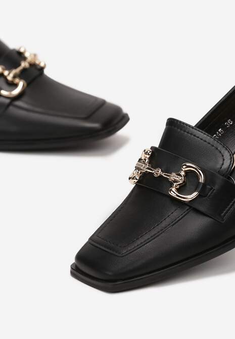 Czarne Mokasyny z Klamerką i Niskim Kwadratowym Obcasem Fansai