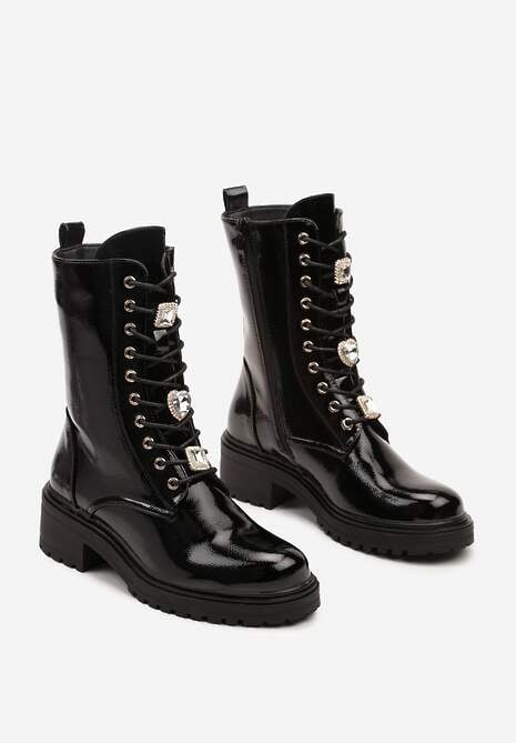 Czarne Płaskie Sznurowane Botki Workery Ozdobione Cyrkoniami Niathria