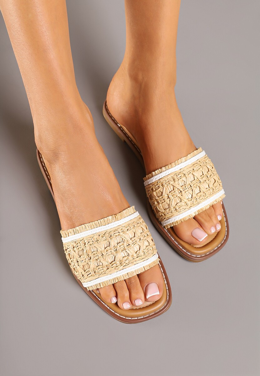 Beżowe Klapki Ozdobione Plecioną Cholewką Nimiolia