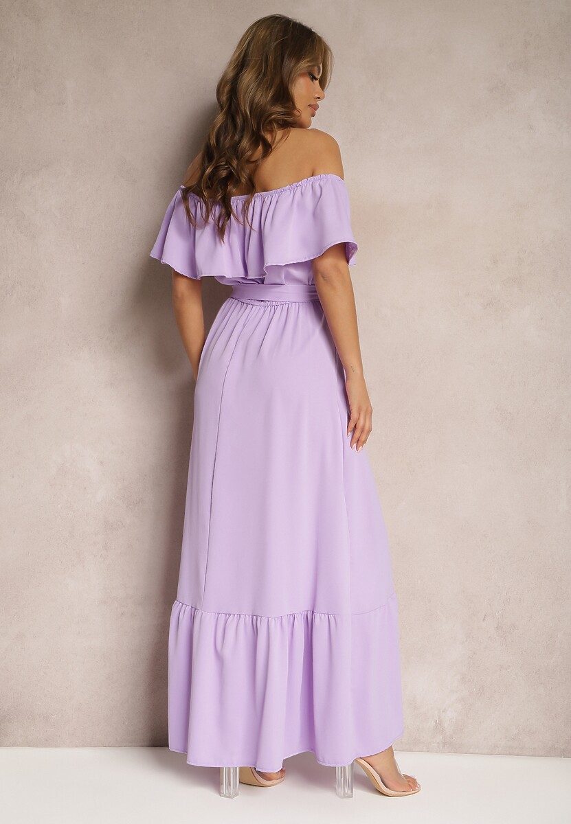 Fioletowa Hiszapanka Sukienka o Rozkloszowanym Fasonie z Falbanką Naviara