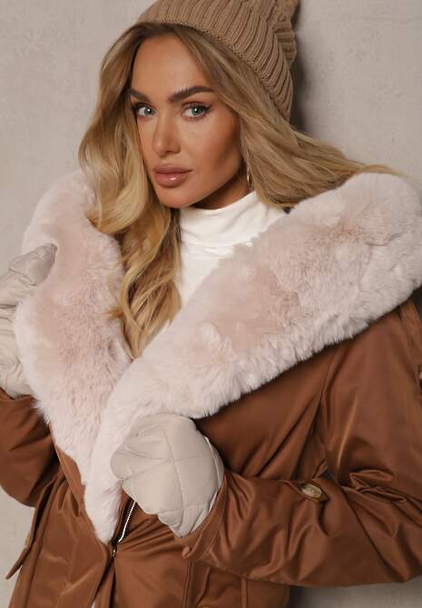 Brązowa Ocieplana Kurtka Parka z Kapturem i Ściągaczem w Pasie Semilaura