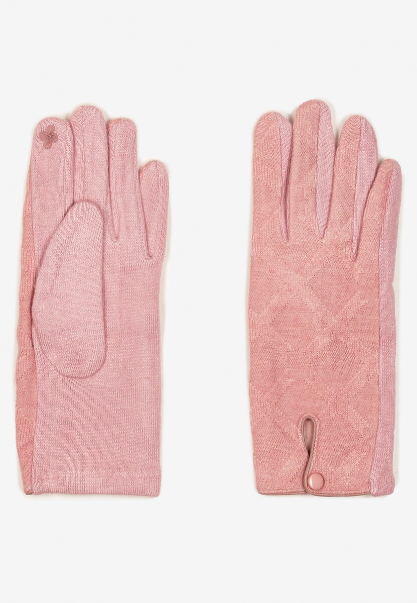 Różowe Rękawiczki z Bawełną Ozdobione Rombami i Guzikiem Fenemi