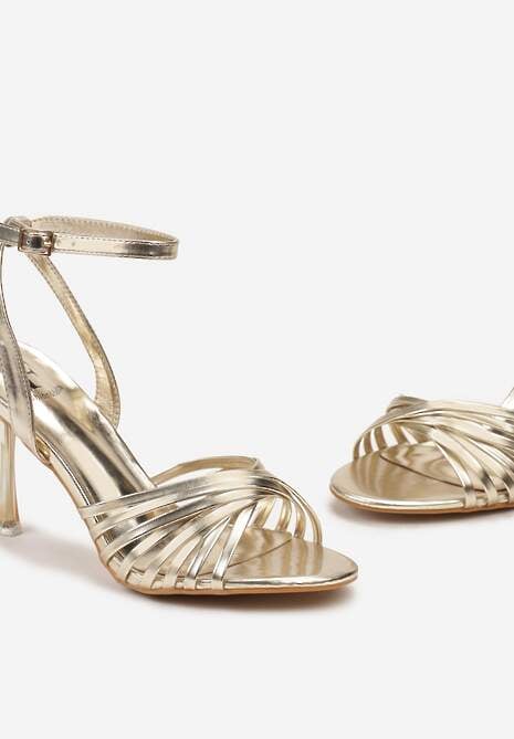 Złote Sandały Vices z Ozdobnymi Paseczkami na Szpilce Zapinane na Sprzączkę Poriena