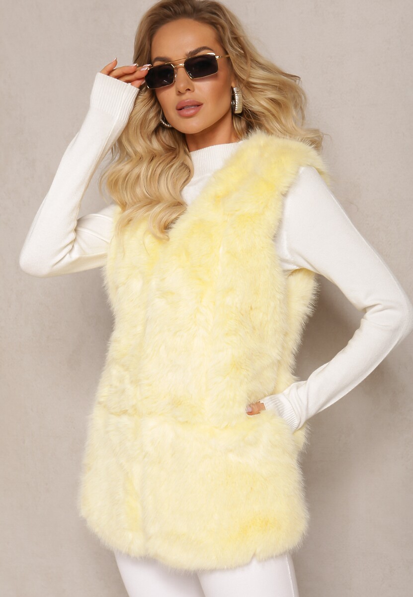 Żółta Puchata Kamizelka z Futerka Ozdobiona Imitacją Skóry Tekllesa