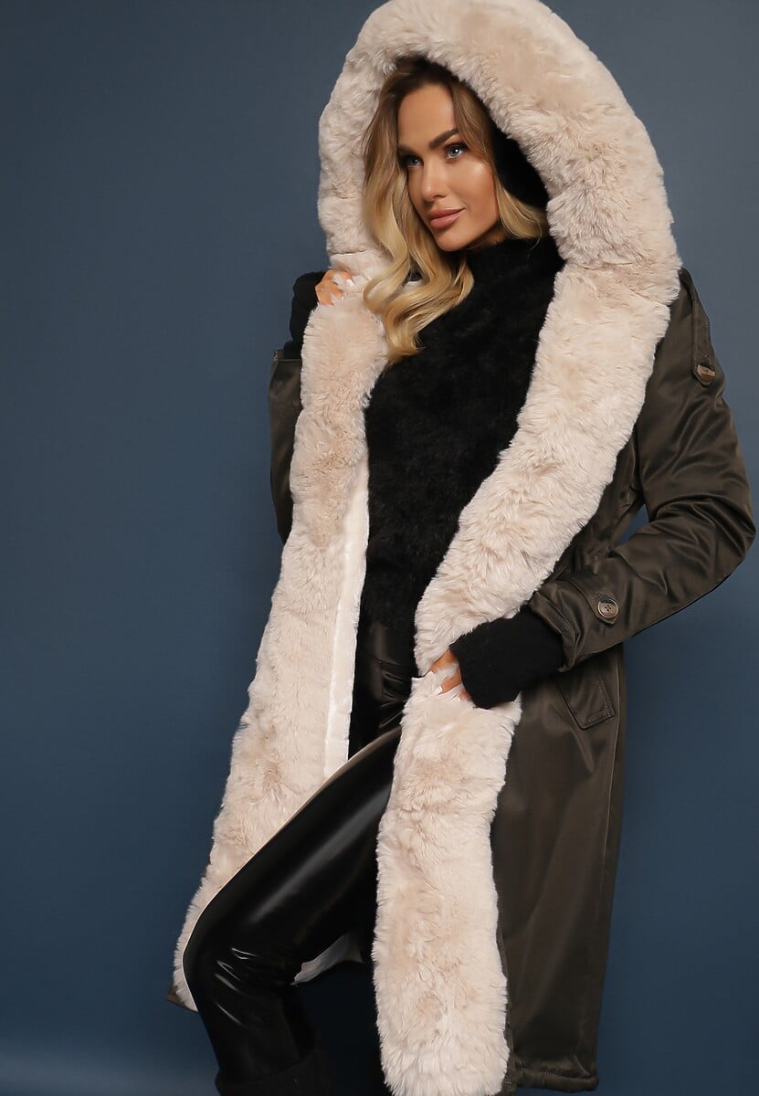 Ciemnozielona Długa Kurtka Parka Nylonowa Płaszcz z Futrzanymi Wstawkami Rinale