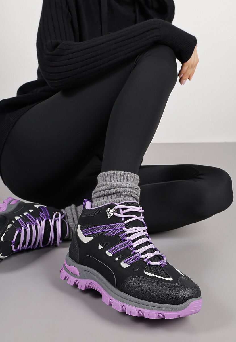 Czarno-Fioletowe Buty Trekkingowe Traperki Vices ze Sznurowaną Cholewką Afellie