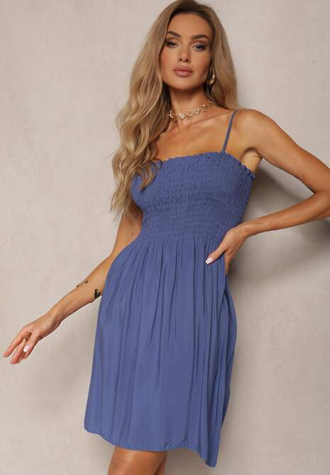 Granatowa Sukienka z Bawełny na Ramiączkach o Rozkloszowanym Kroju z Marszczoną Górą Christten