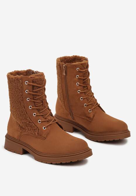 Brązowe Botki Workery na Płaskiej Podeszwie Ozdobione Futerkiem w Stylu Baranka Nevaletta