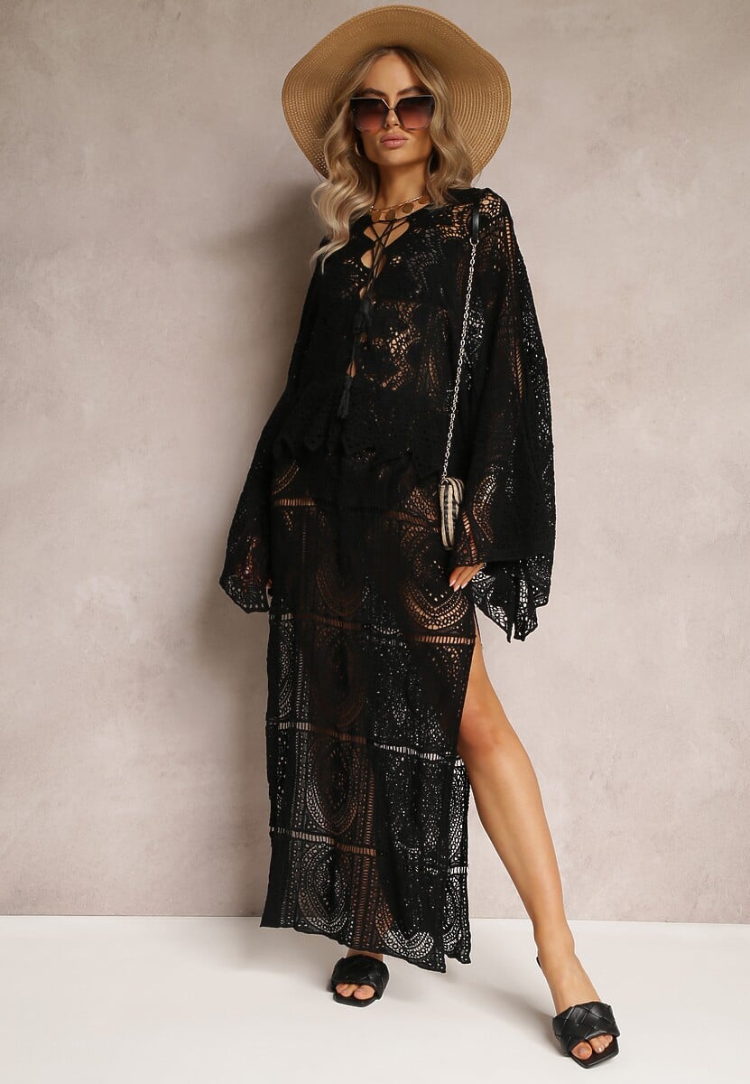 Czarna Szydełkowa Sukienka Maxi z Wycięciami i Wiązaniem Upenna