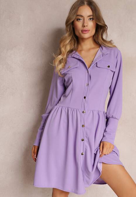 Fioletowa Sukienka Mini z Kołnierzem i Ozdobnymi Klapami Zylana
