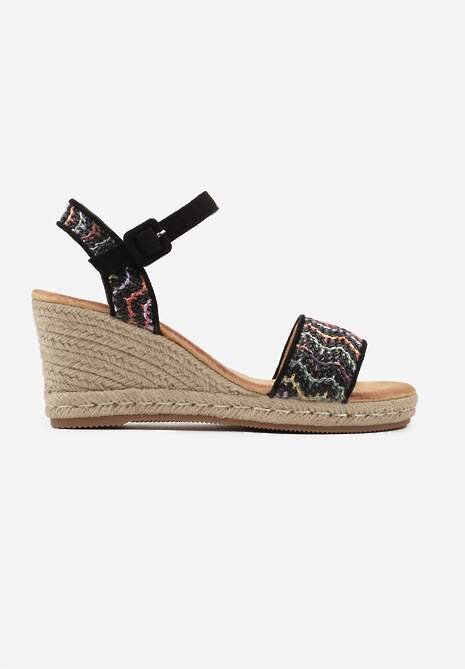 Czarne Sandały z Plecionką z Juty na Koturnie i Ozdobnie Wyszywanymi Paskami Etrapivia