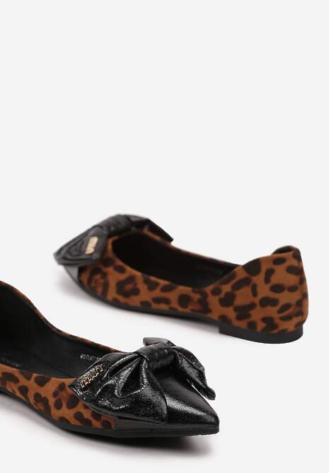 Brązowe Panterkowe Balerinki ze Szpiczastym Noskiem i Aplikacją z Kokardą Eleariva