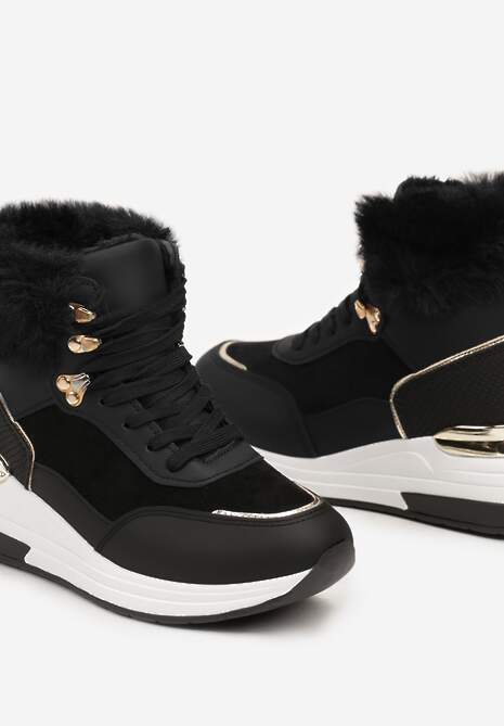 Czarne Futerkowe Sneakersy na Koturnie z Metalicznymi Wstawkami Kaithrin