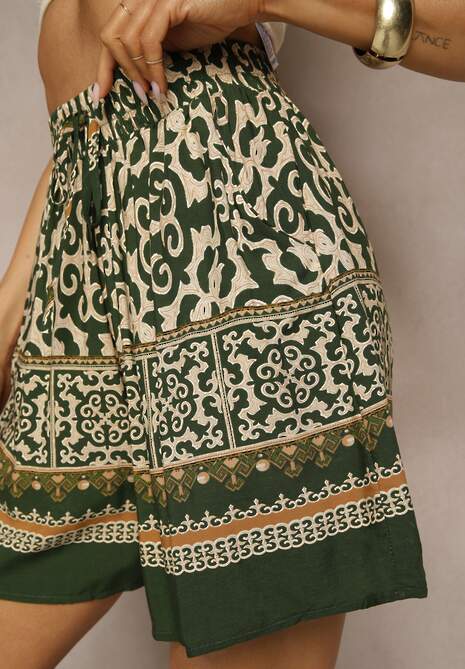 Ciemnozielone Szorty Bermudy z Bawełny z Gumką w Pasie w Ornamentalny Print Volienne
