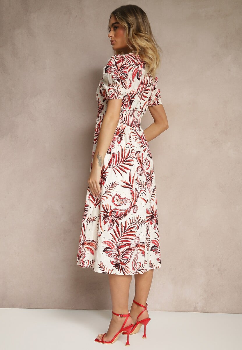 Czerwona Sukienka o Rozkloszowanym Kroju z Dekoltem w Serek w Roślinny Print Evilessa