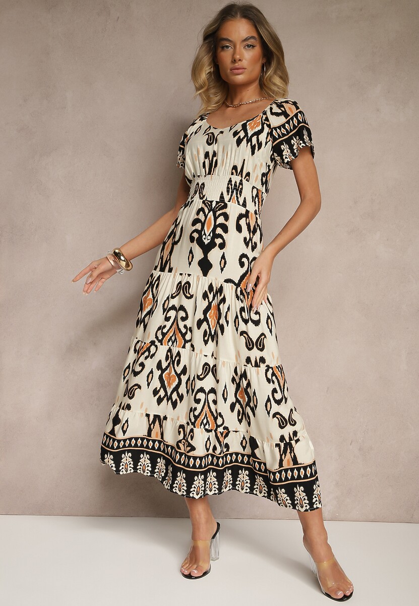 Niebieska Sukienka z Wiskozy Ozdobiona Geometrycznym Motywem Clevessa