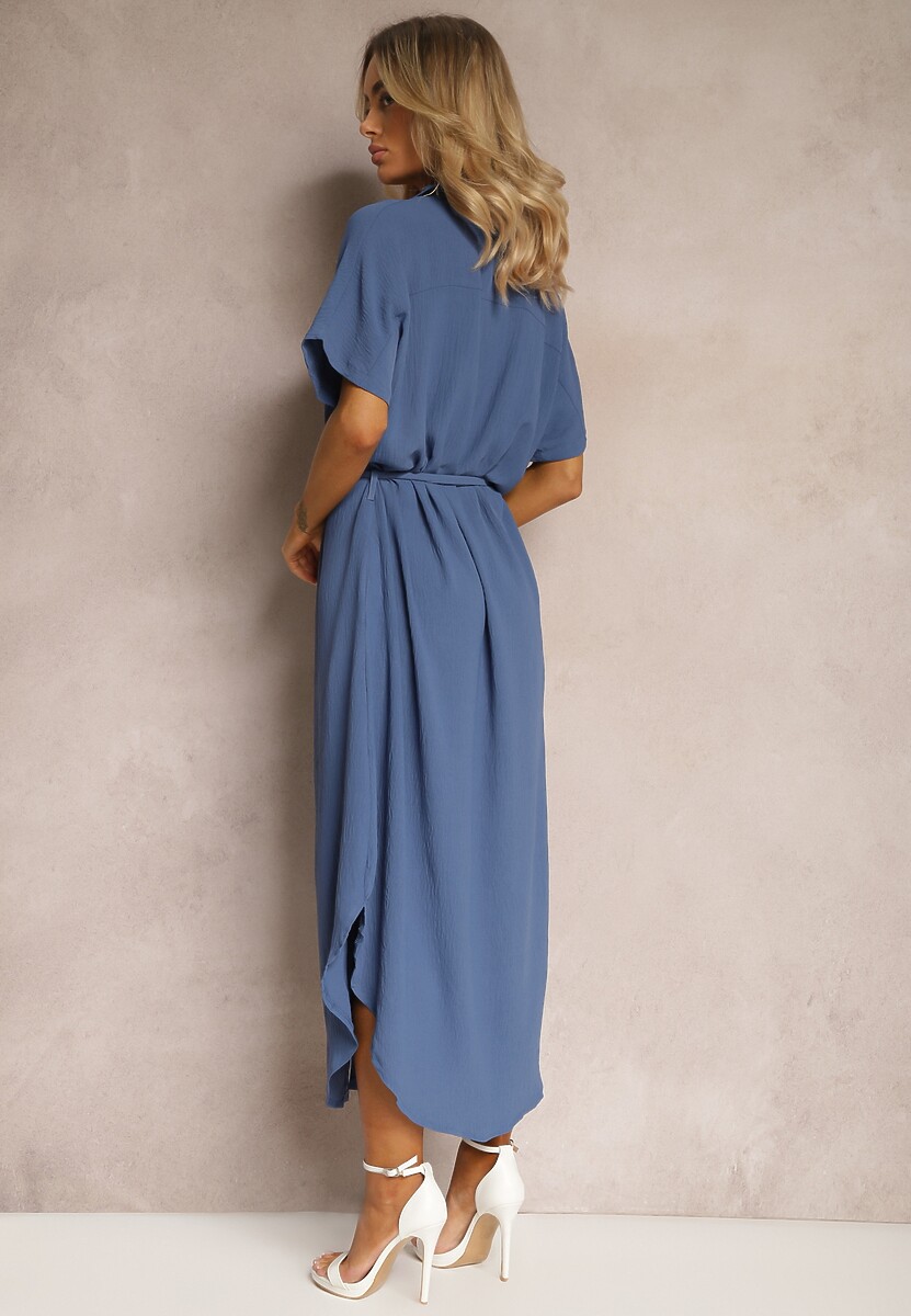 Granatowa Koszulowa Sukienka z Wiskozy z Materiałowym Paskiem w Talii Gialara