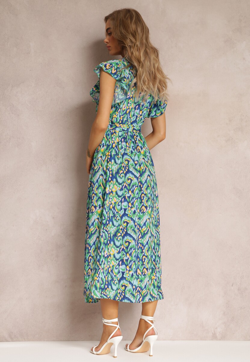 Granatowo-Zielona Rozkloszowana Sukienka Maxi z Metaliczną Nitką i Szerokim Paskiem Xisa