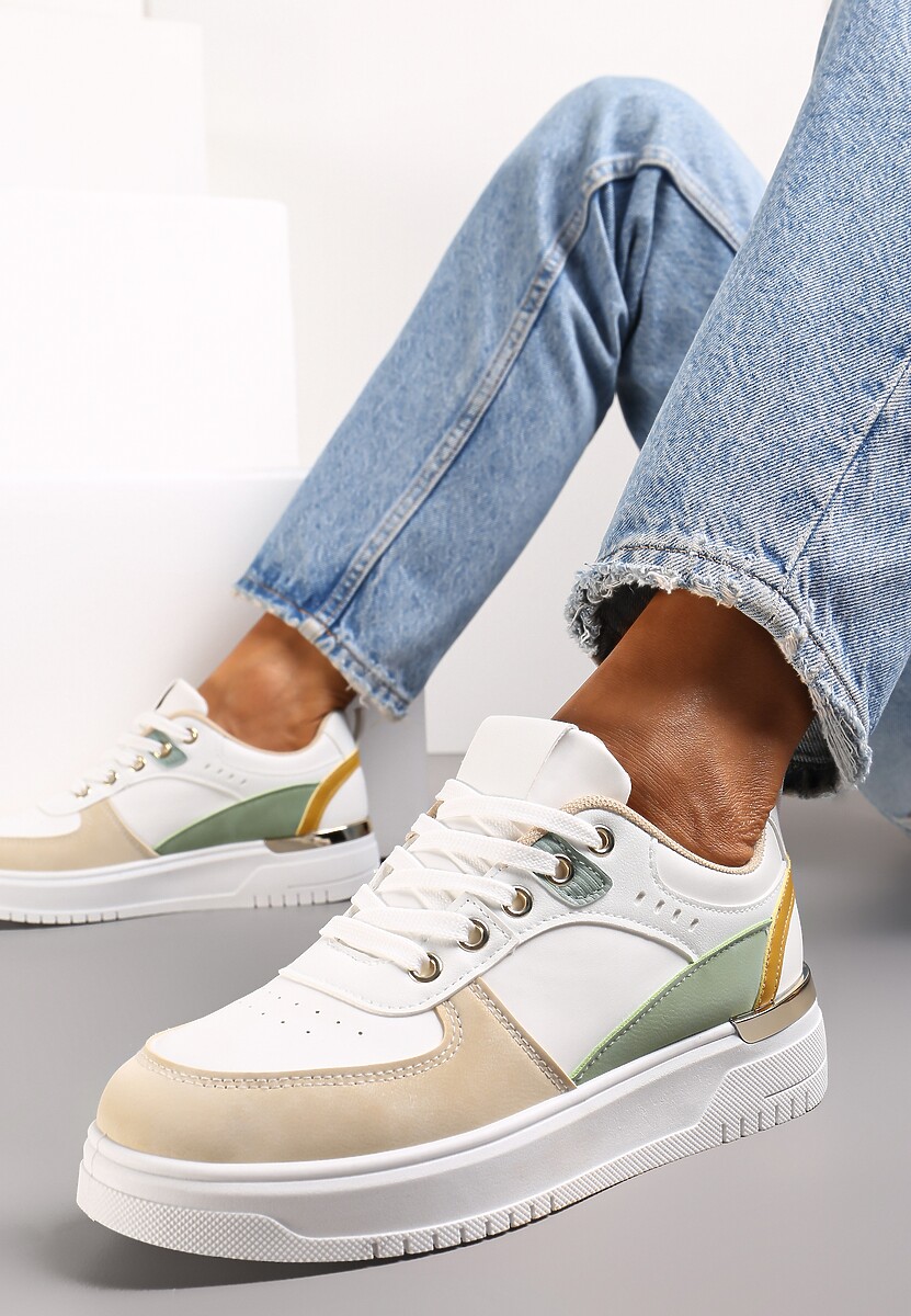 Biało-Beżowe Sneakersy z Metaliczną Wstawką na Podeszwie Giacobbe