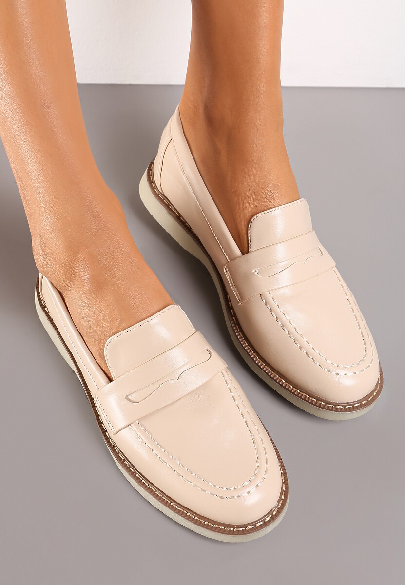 Beżowe Klasyczne Mokasyny Ozdobione Wstawką i Przeszyciem Berdafa