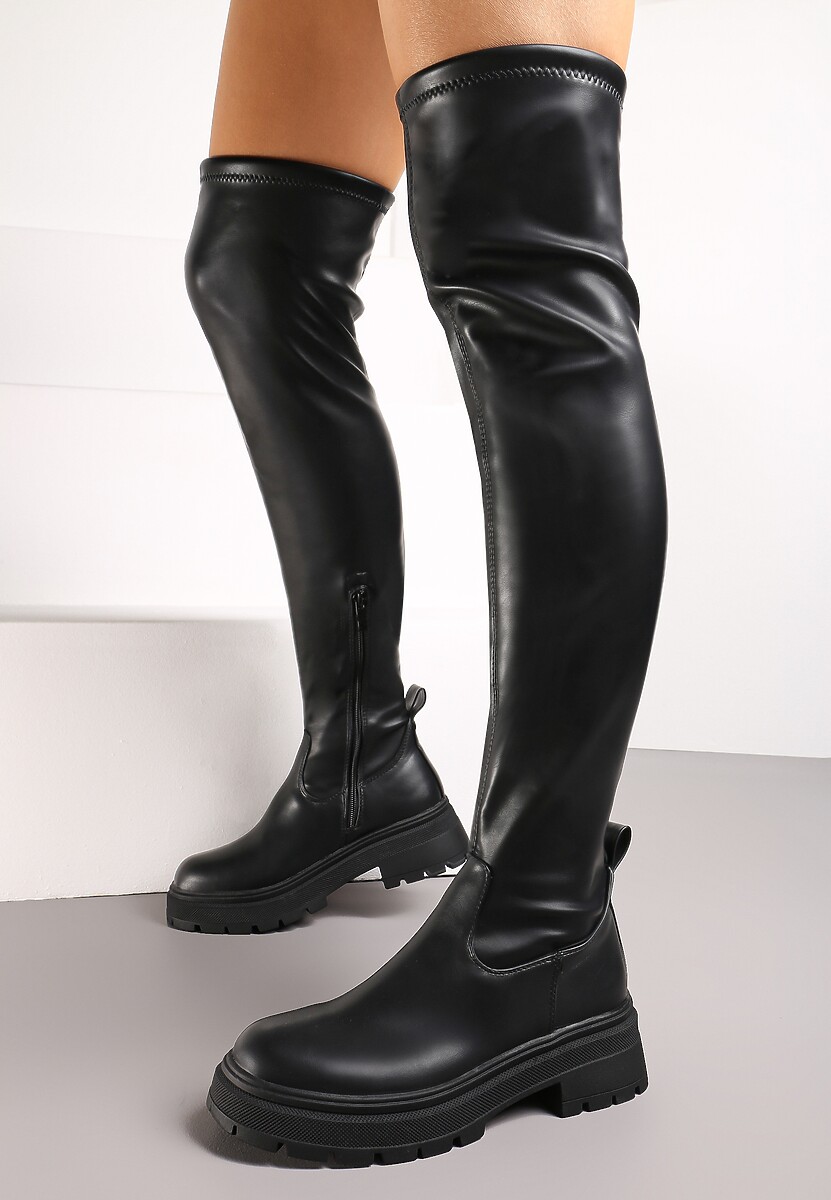 Czarne Kozaki Muszkieterki z Imitacji Skóry na Płaskiej Podeszwie Liridia