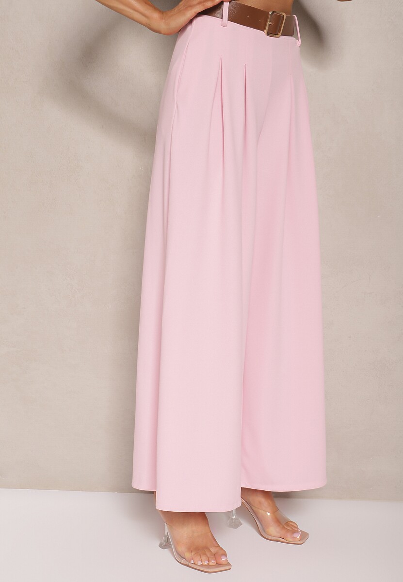 Różowe Spodnie o Szerokim Kroju High Waist Ozdobione Paskiem Rasalle