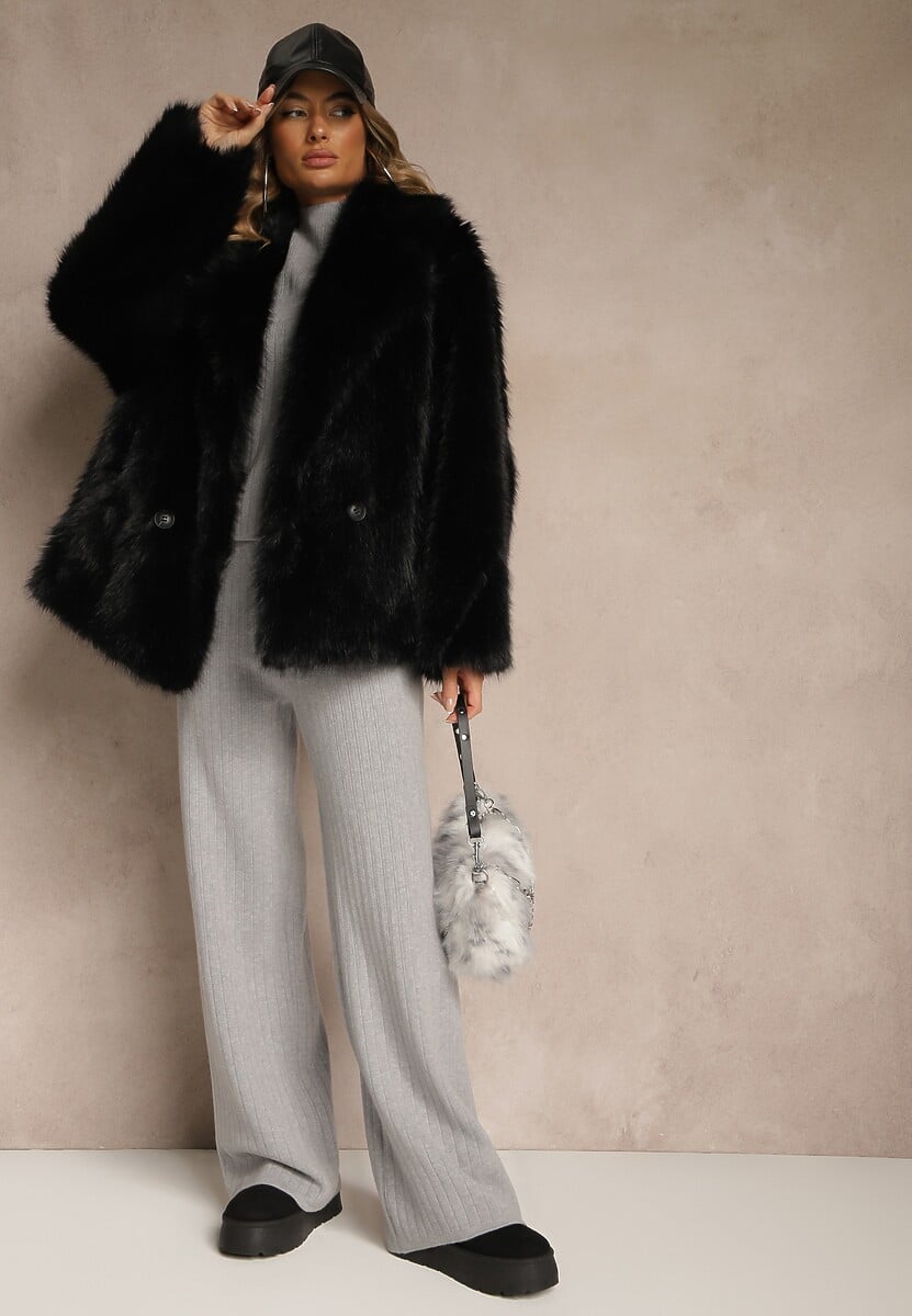 Szary Komplet z Prążkowanej Dzianiny Spodnie Wide Leg i Sweter ze Stójką Feniria