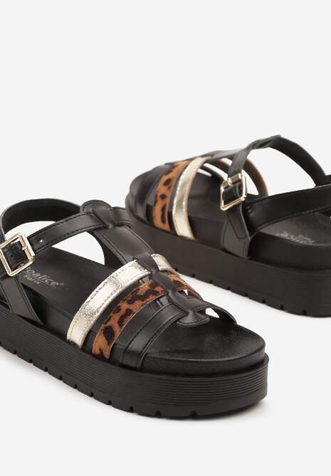 Czarne Sandały na Platformie Ozdobione Paskami i Wzorem w Panterkę Melrive