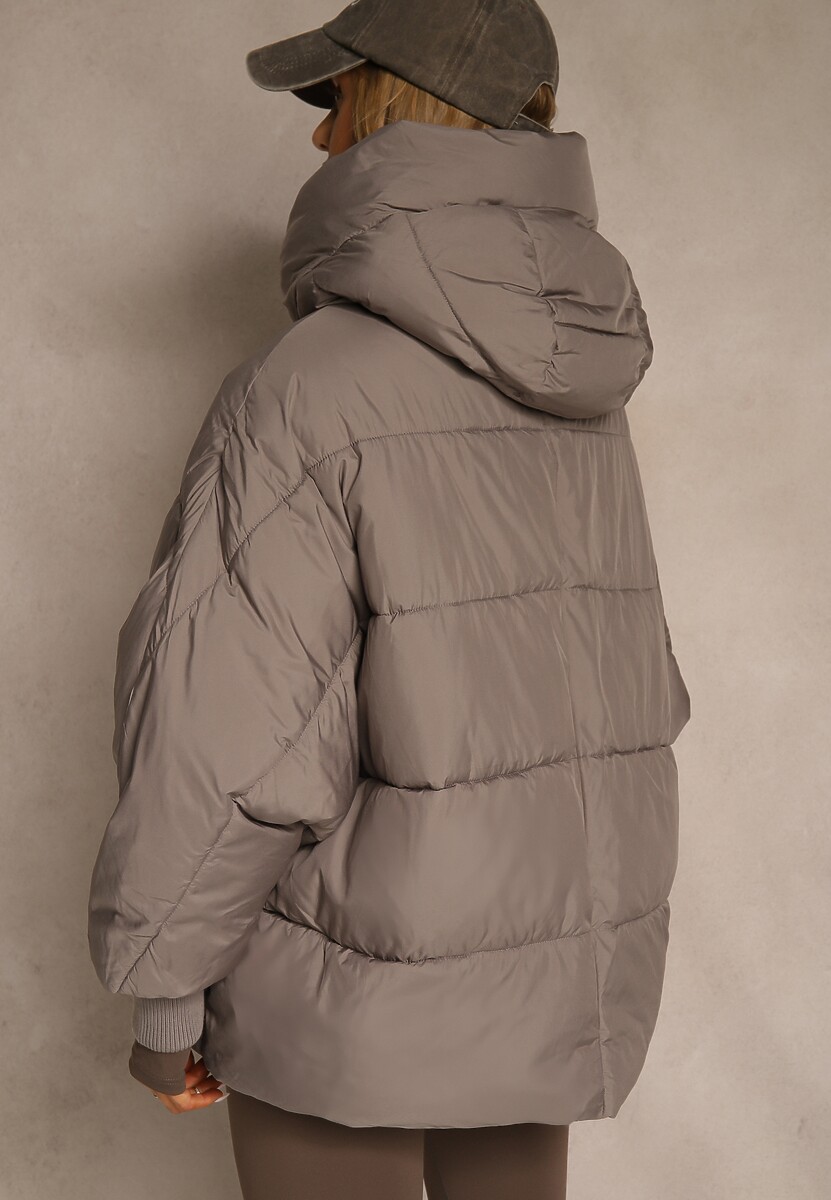 Ciemnobeżowa Oversizowa Kurtka Puffer z Kaputrem Mevenassa