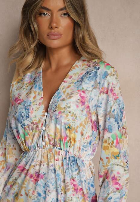 Jasnoniebieska Sukienka w Kwiatowy Print o Rozkloszowanym Kroju z Dekoltem w Serek Janellia