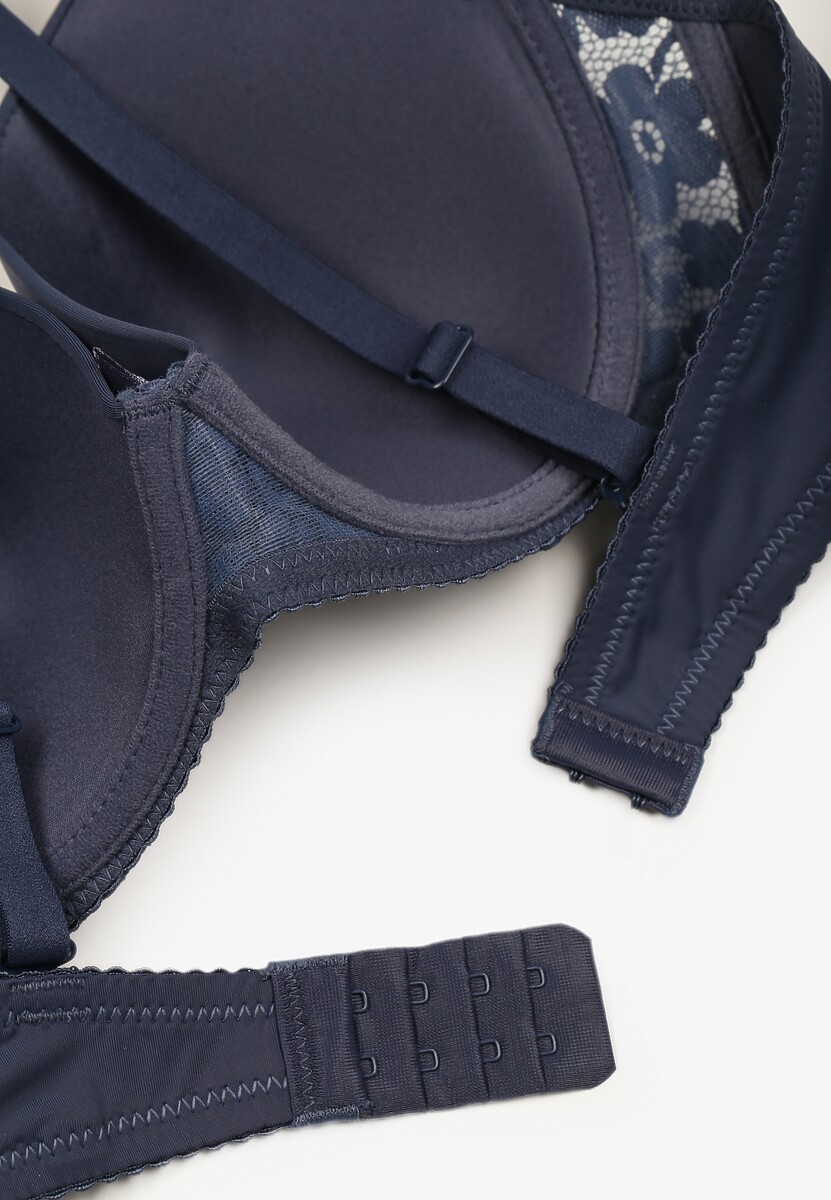 Granatowy Klasyczny Biustonosz z Koronkowymi Zdobieniami i Marszczeniem Idaloria