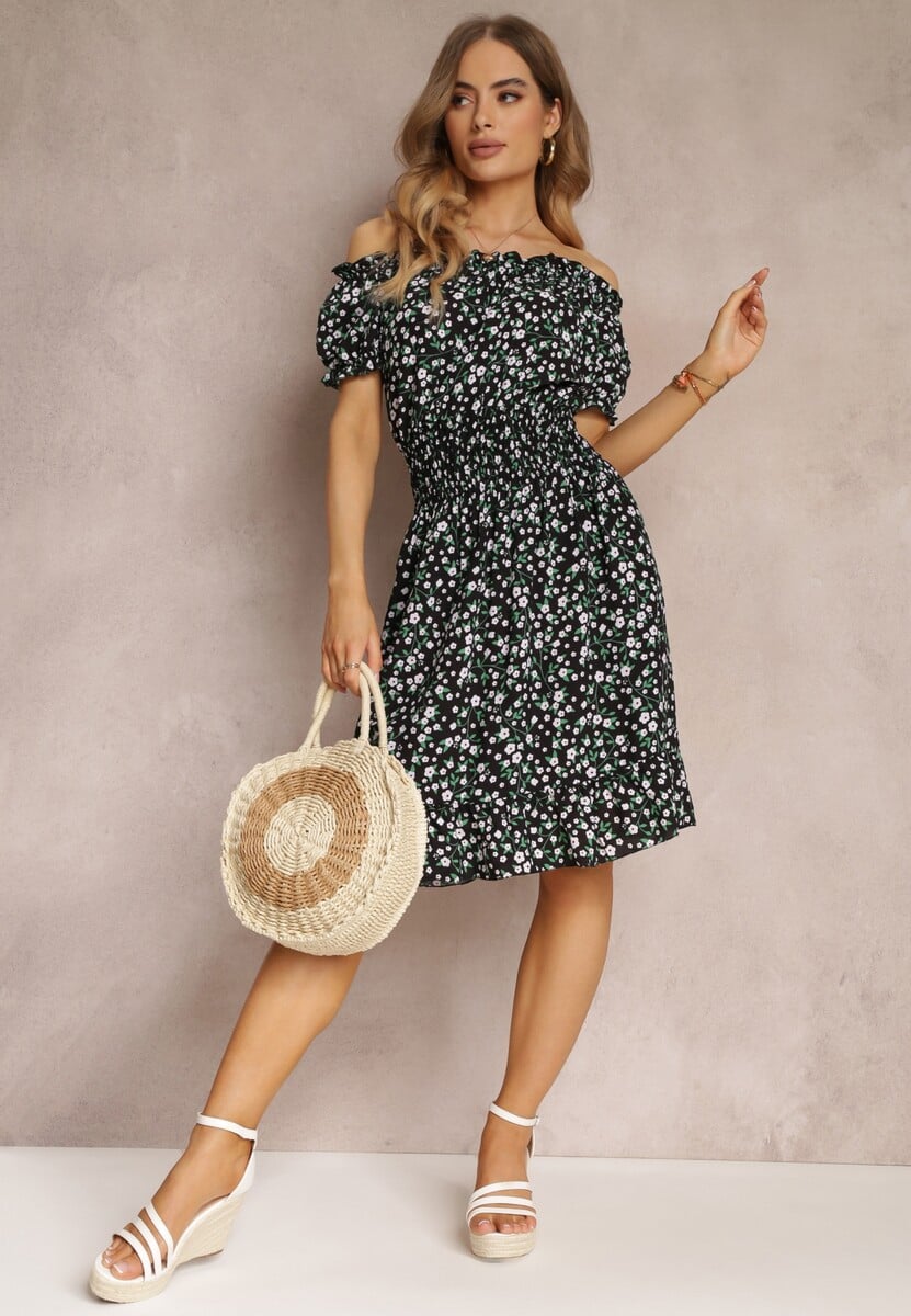 Czarna Bawełniana Sukienka Midi Hiszpanka z Gumką w Pasie Dnise