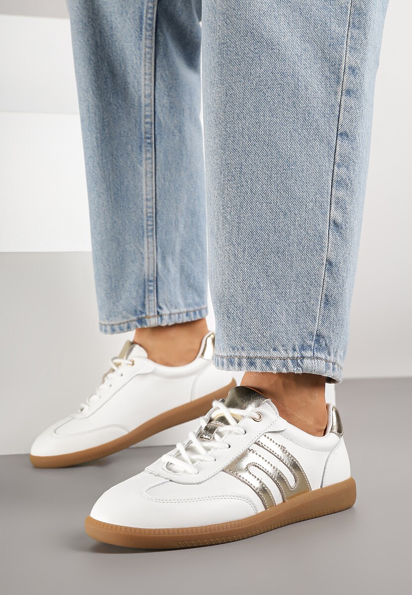 Białe Sneakersy Tenisówki ze Skóry Naturalnej z Geometrycznym Wzorem Carolie