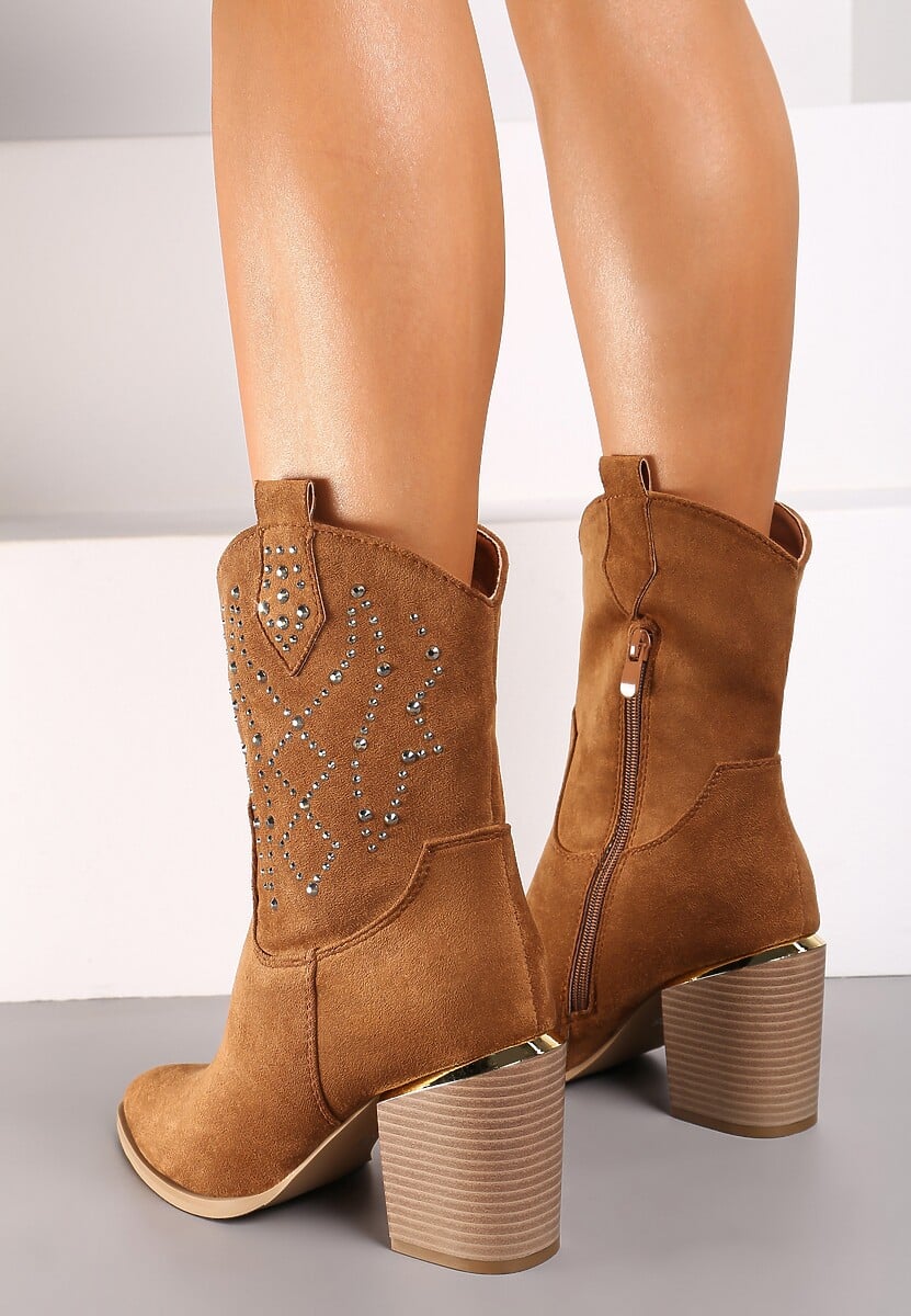 Brązowe Botki na Słupku w Stylu Kowbojek Irilianne