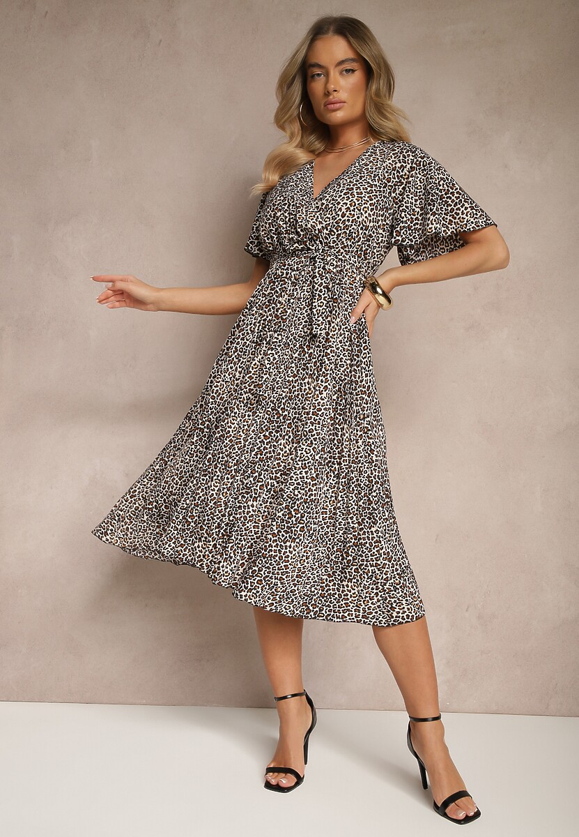 Czarno-Biała Sukienka Kopertowa z Wiązanym Paskiem Zdobiona Printem w Panterkę Gilinne