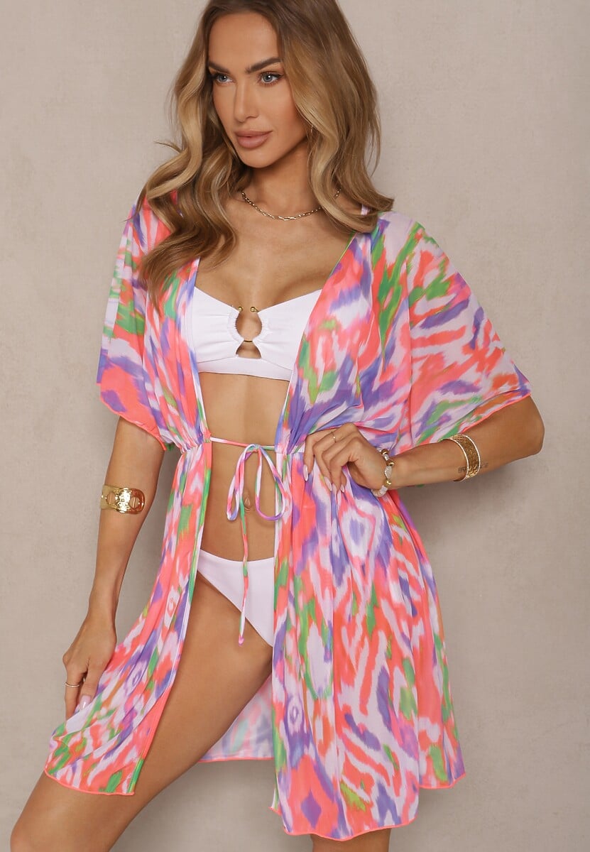 Pomarańczowa Siateczkowa Narzutka z Abstrakcyjnym Motywem Ozdobiona Wiązaniem Revoreia