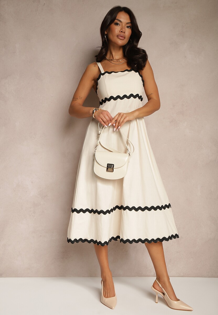 Beżowa Sukienka z Wiskozą i Bawełną na Ramiączkach z Geometrycznym Wzorem Ilanvia