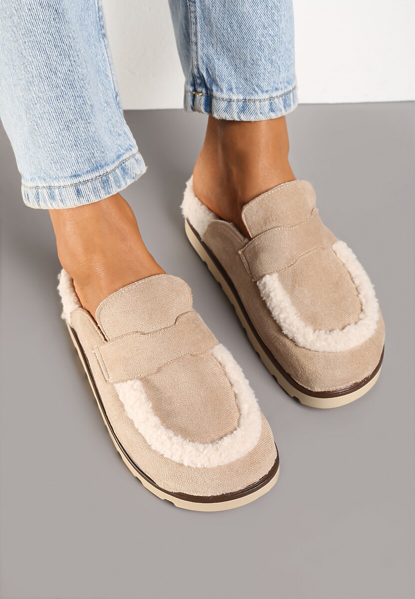 Ciemnobeżowe Kapcie na Płaskiej Podeszwie z Futerkiem i Paskiem Niaviera