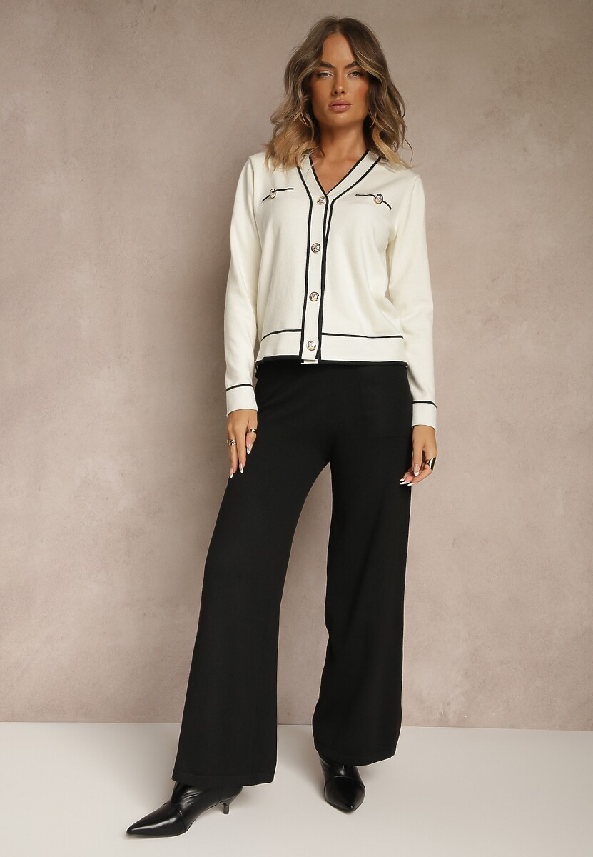 Jasnobeżowy Komplet z Dzianiny Spodnie Wide Leg i Retro Kardigan Giosila