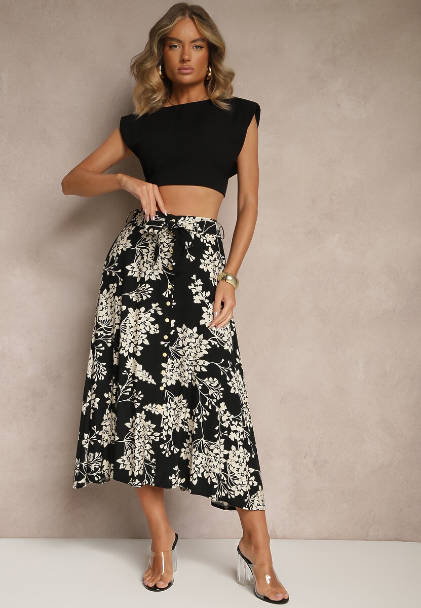 Czarna Rozkloszowana Spódnica z Wiskozy w Kwiatowy Wzór z Paskiem Tilinda