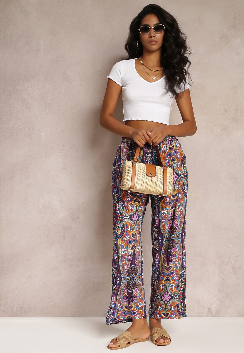 Fioletowe Szerokie Spodnie z Wiskozy i Gumką w Talii Alasse