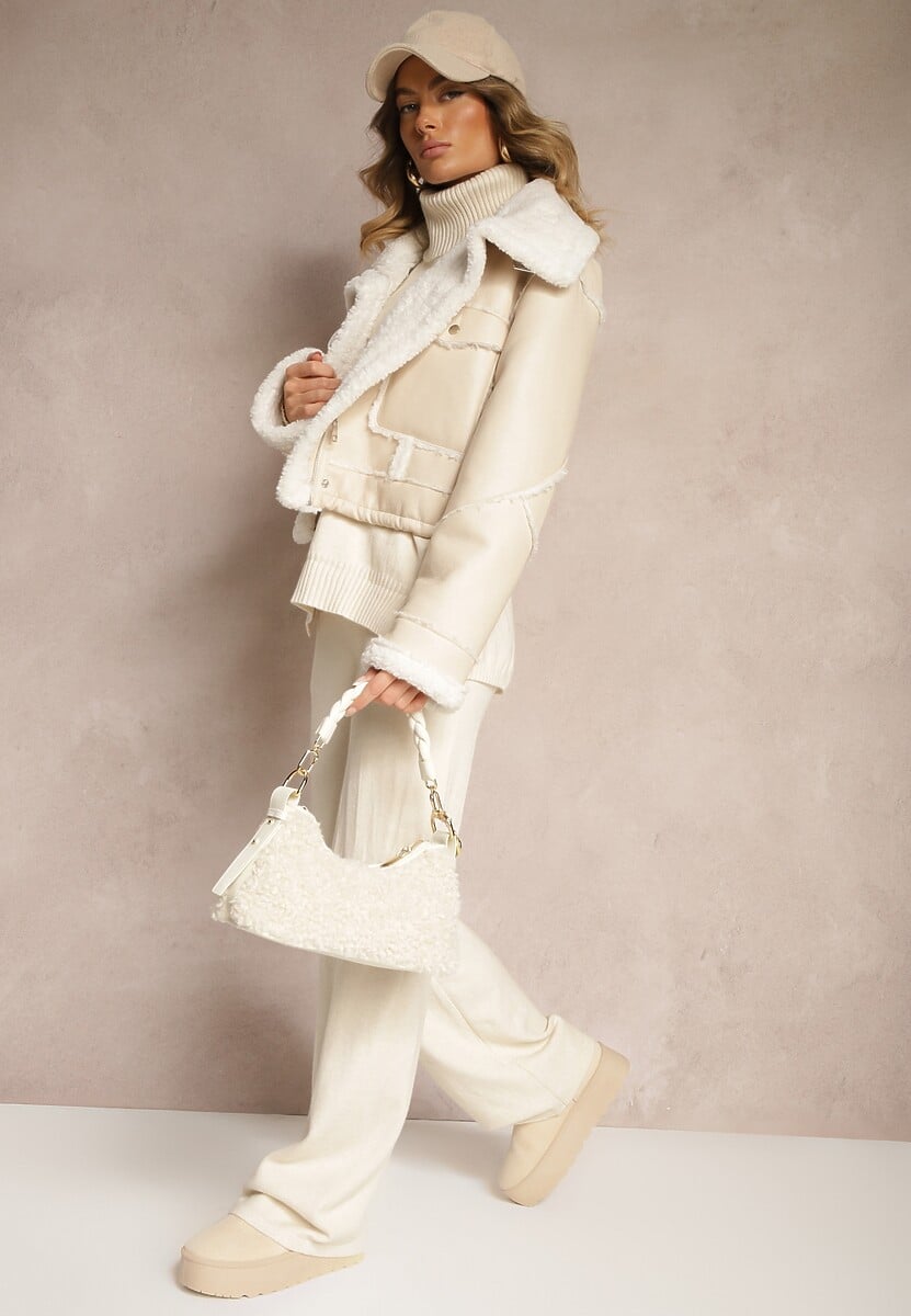 Beżowy Komplet z Wiskozą i Modalem Spodnie o Szerokim Kroju i Golf Ozdobiony Guzikami Sassifra