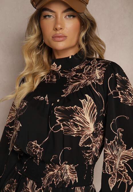 Czarna Sukienka Rozkloszowana z Gumką w Talii Abstrakcyjnym Wzorem i Falbankami Zinraelle