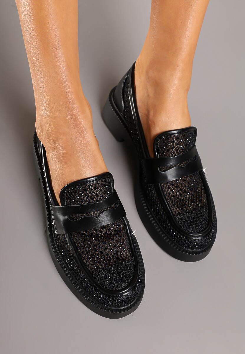 Czarne Mokasyny przed Kostkę Ozdobione Cyrkoniami i Siateczką Senareth