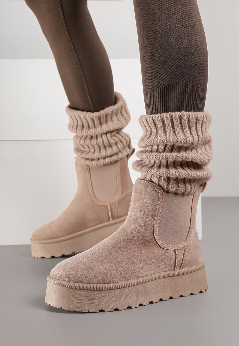 Ciemnobeżowe Śniegowce na Platformie Typu Sztyblety Ahelina