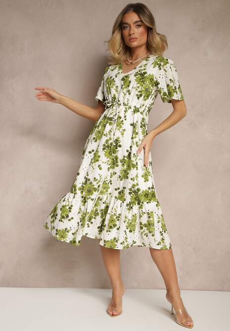 Zielona Bawełniana Sukienka Rozkloszowana Ażurowa w Kwiatowy Print Velbia