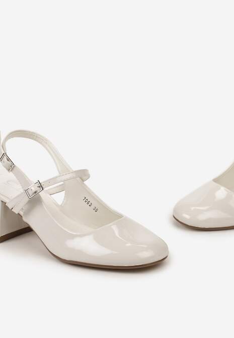 Białe Lakierowane Czółenka na Słupku Zapinane na Dwa Paseczki Budovica