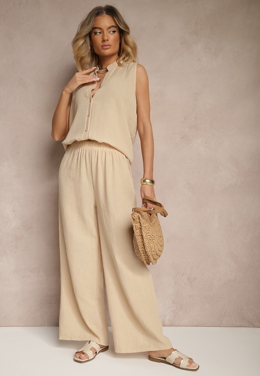 Beżowy Komplet Koszula na Guziki bez Rękawów i Szerokie Spodnie Telaritia